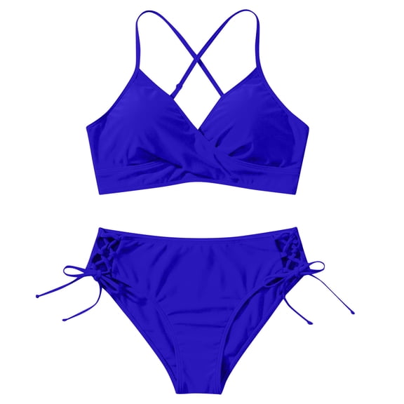 AHTJRT 2 Piece Bikini Sets for Women V Neck Cutout Crisscross Bathing Suits with Adjustable Straps Lace up High Cut Tie Side Thong Swimsuit Blue M