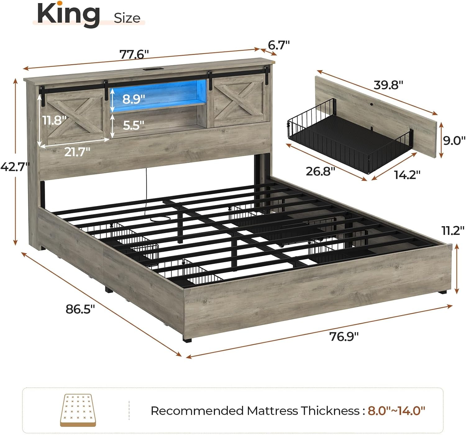 Farmhouse King Size Bed Frame with Charging Station & LED Lights,Wooden Platform King Beds with 4 Storage Drawers,Storage Headboard and Sliding Barn Door,Gray