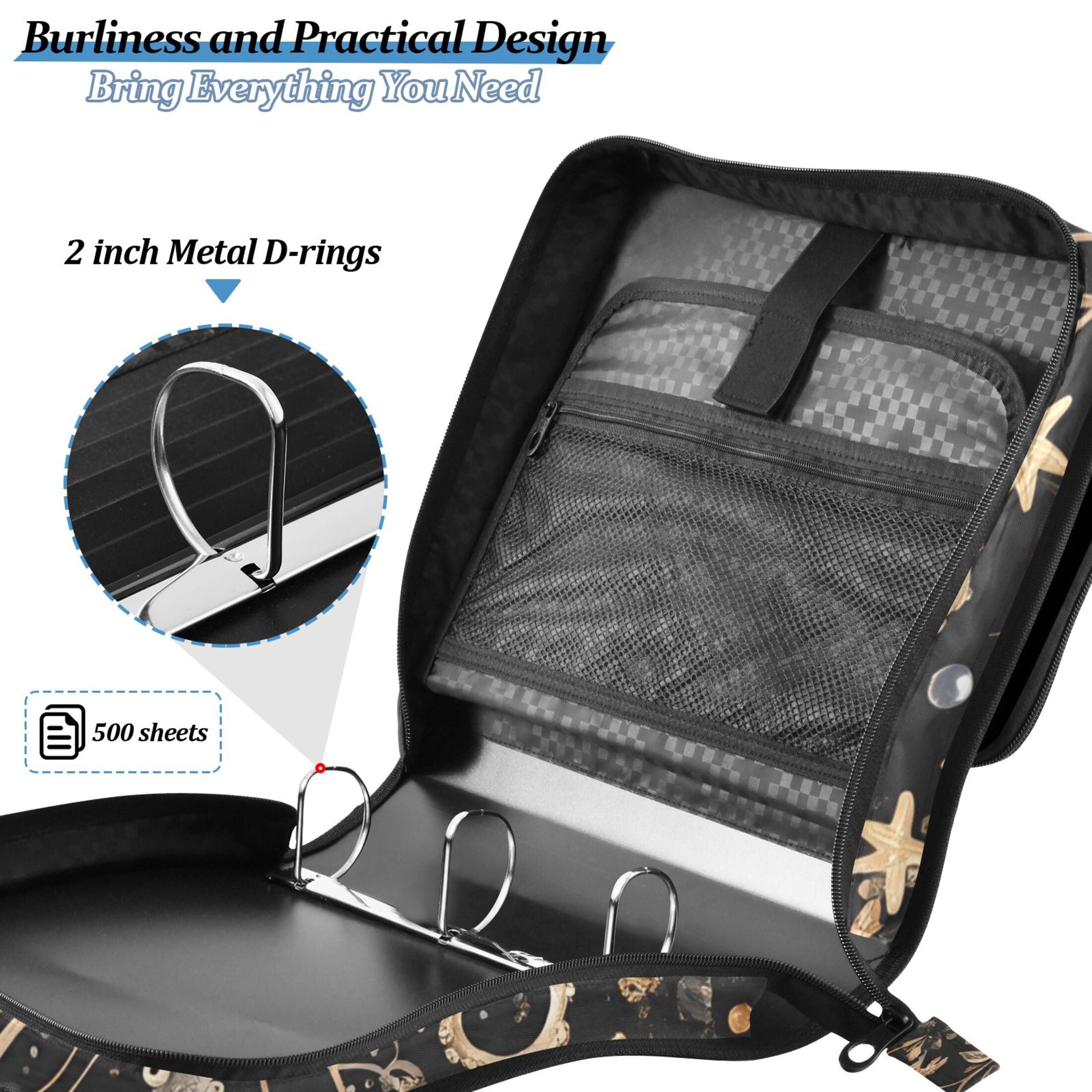 3 Ring Zipper Binder with Shoulder Strap Waterproof Trapper Keeper 2 Inch D-Ring 500 Sheets Capacity Gold Jellyfish and Flowers