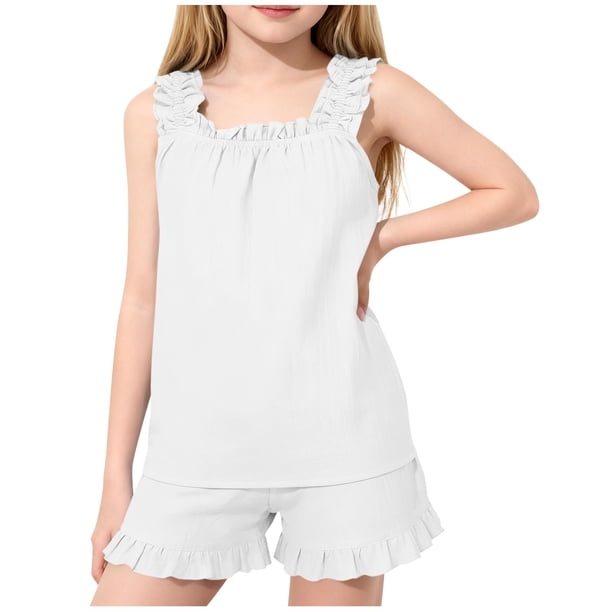Camisola de Cuello Redondo sin Mangas Casual Y Pantalones Cortos de Estilo de Chicas con Correas Y Doblados Acanalados, Tela Suave Transpirable, Traje de Dos Piezas de Color Sólido