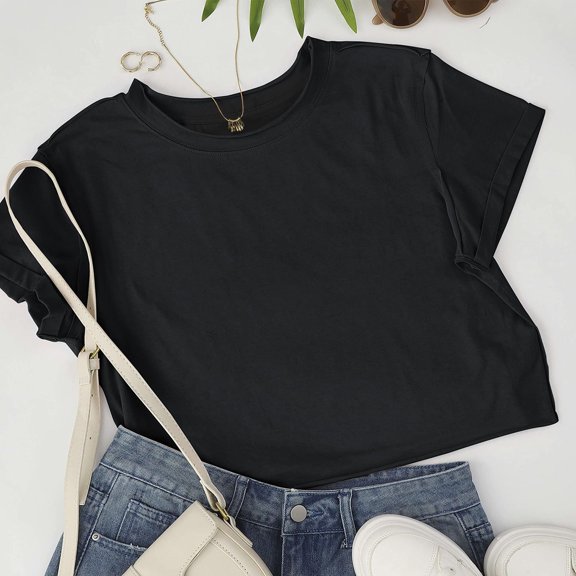 FASHOFT Crop Tops for Women Cropped T Shirts Trendy Short Sleeve Crew Neck Solid Basic Tee Black L