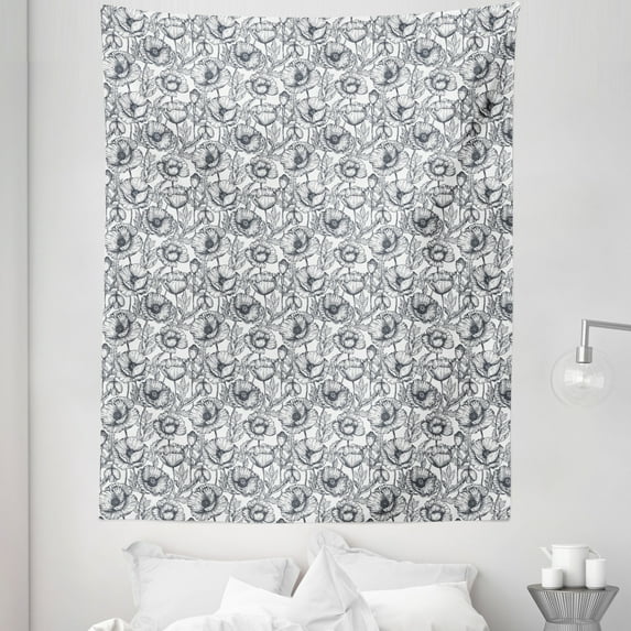 Floral Tapestry, Vintage Look Poppy Flowers Monochrome Sketch Style on Plain Background, Fabric Wall Hanging Decor for Bedroom Living Room Dorm, 5 Sizes, Dark Blue Grey and White, by Ambesonne