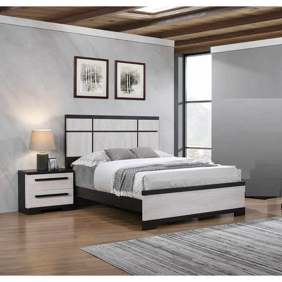 Black and White Rustic Wooden Panel King Size Bed 2x Nightstand 3pc Bedroom Furniture Set