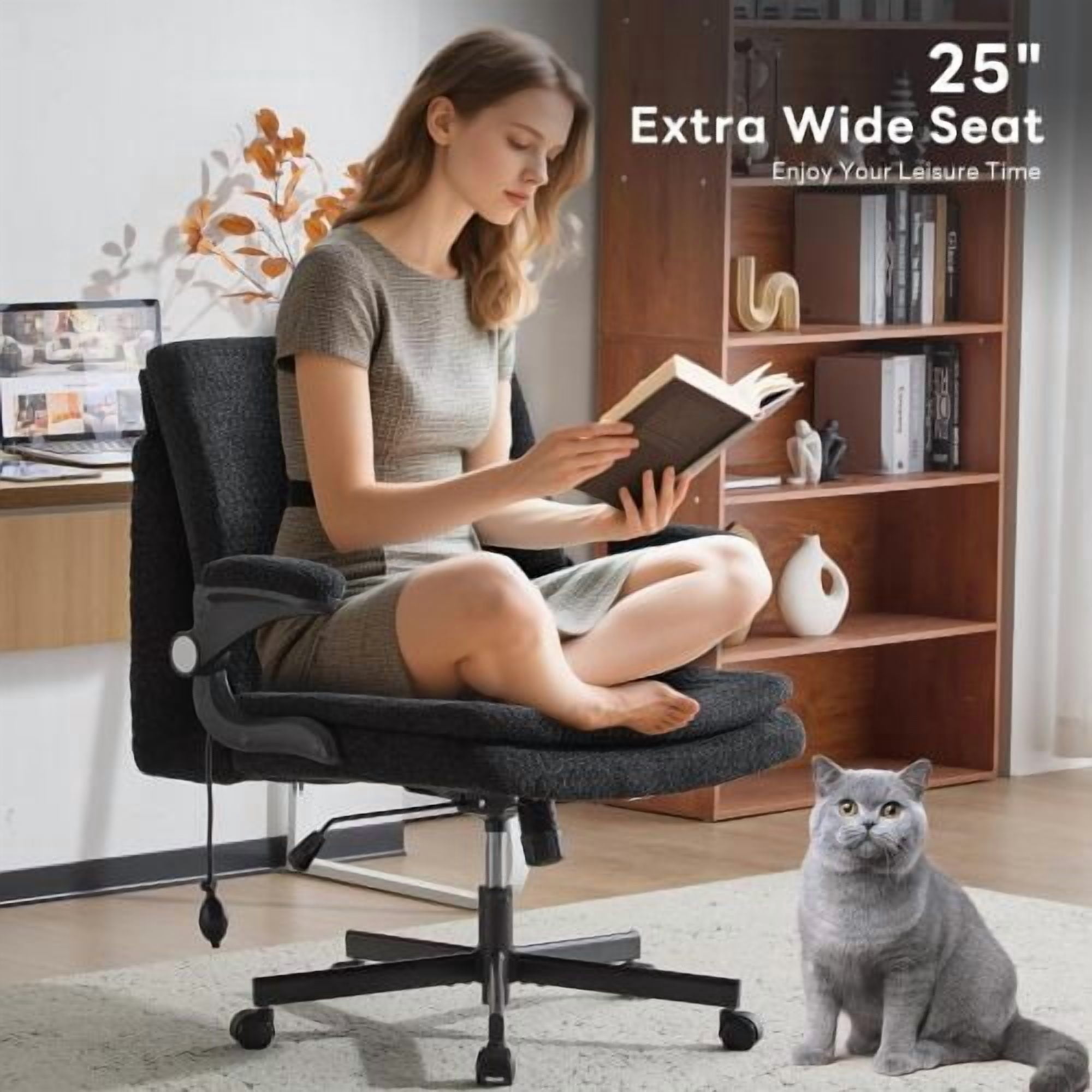 Criss Cross Legged Office Chair with Flip-Up Back, Built-In Dynamic Airbag Lumbar Support, Wide Seat Desk Chair with Flip-Up Arms, Modern Cross-Leg Chair for Home Office, Vanity, Black