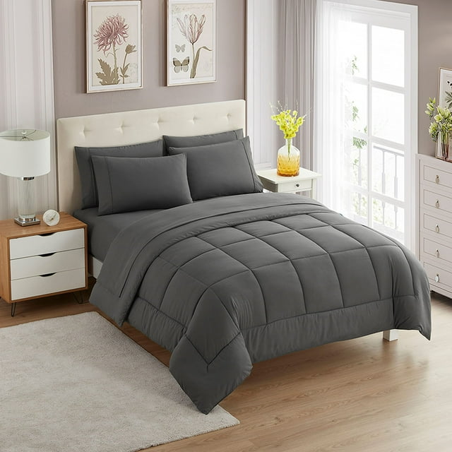 Sweet Home Collection Juego De Edredón De 7 Piezas, Bolsa De Color Sólido Para Todas Las Estaciones, Suave Manta Alternativa Y Lujosas Sábanas De Microfibra, Color Gris Completo