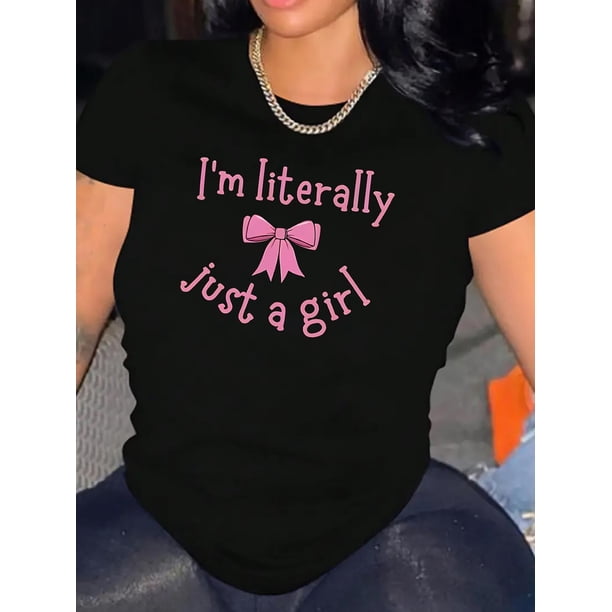 Camiseta elegante con estampado de letras rosas para mujer. Cuello redondo informal, manga corta, algodón elástico, lavable a máquina. Perfecta para verano, ropa informal y para el tiempo libre.
