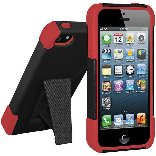 Premium Dual Layer Hybrid Hard Case Soft Rubber Skin Cover for Apple iPhone 5, iPhone 5S - Red/Black Walmart.com