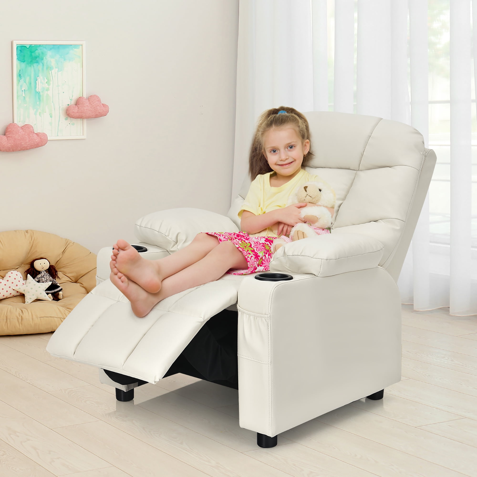 COSTWAY Kids Youth Recliner Chair Pu Leather W cup Holders Side Pockets