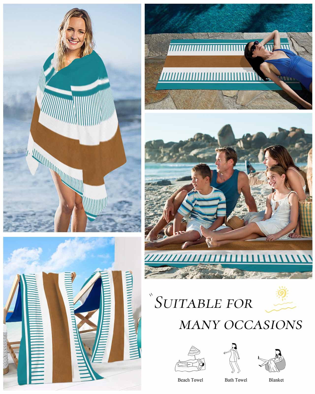 Modern Brown Teal Beach Towels Oversized Super Absorbent, Boho Contemporary Geometric Striped Lightweight Bath Towel Quick Dry Sets For Bathroom/Pool/Rv Camping/Beach Play/Gym Room/Picnic 23"x47"