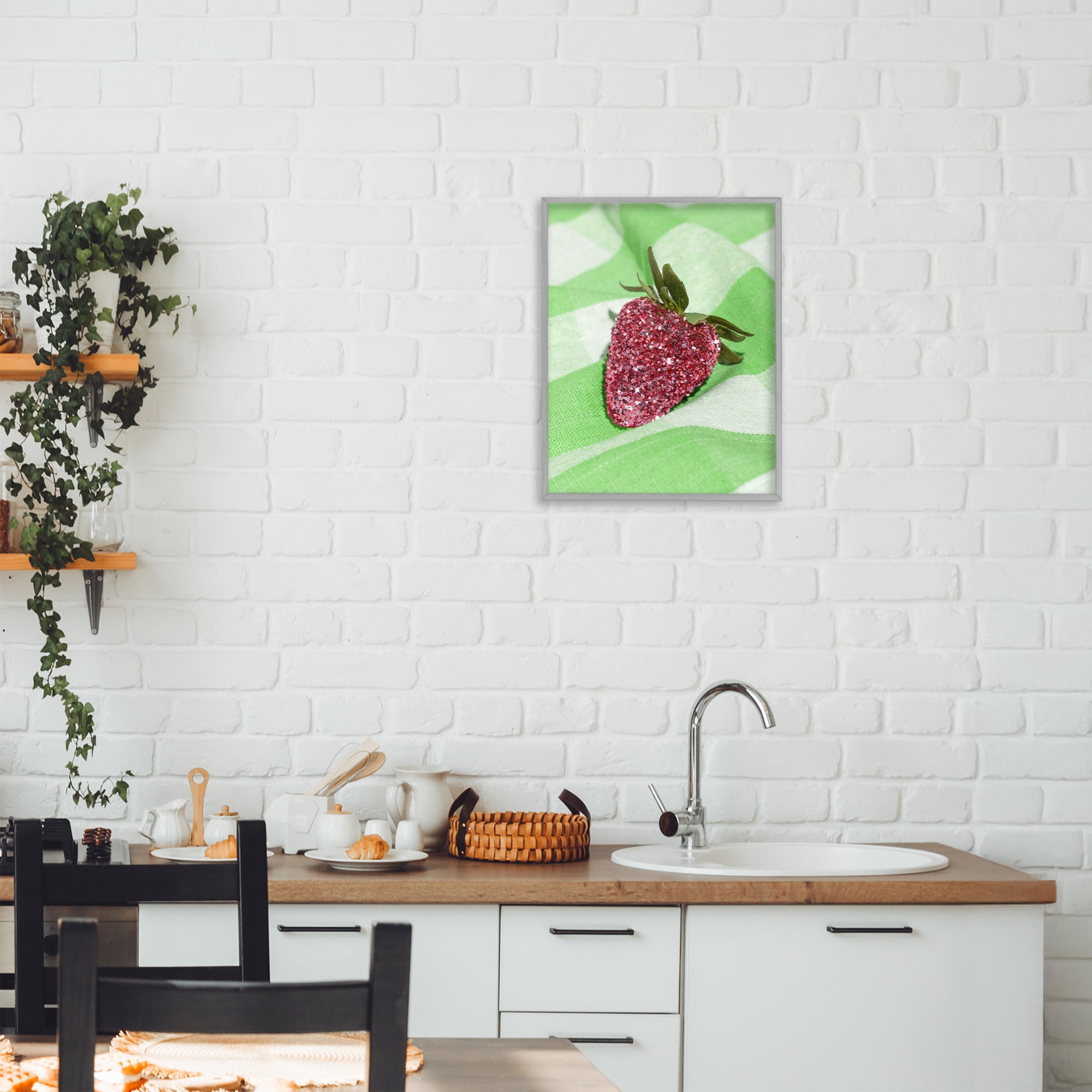Stupell Industries Glimmer Strawberry on Green Gray Framed Giclee Art, design by LISH Creative