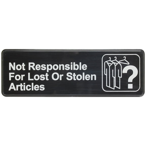 Excellante White on black 9 x 3 inch information sign with symbols - not responsible for lost or stolen articles, comes in each