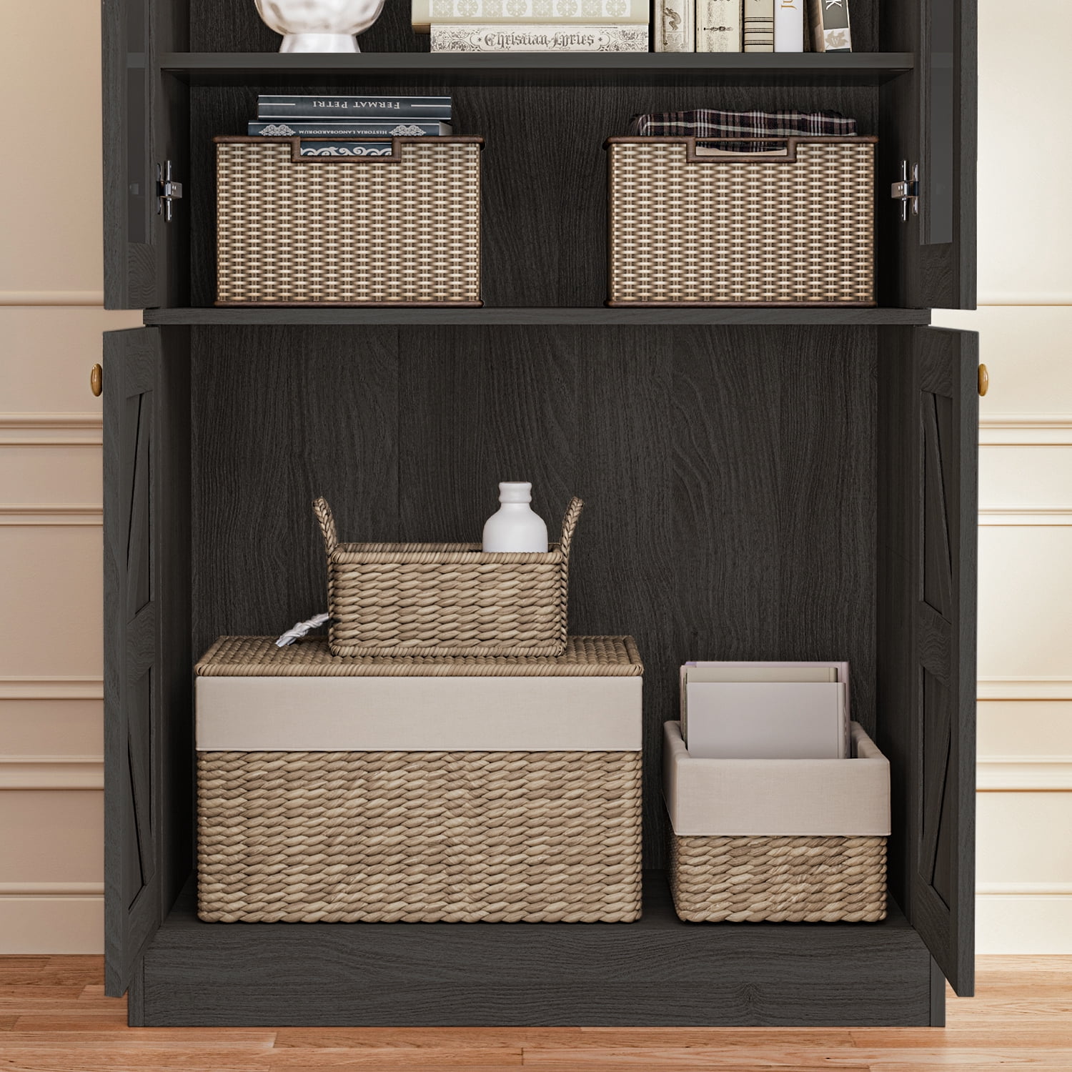 71"Tall Pantry Storage Cabinet,Wood Kitchen Cabinet with Glass Doors and Adjustable Shelves for Dining Room Living Room,Black,3Pcs