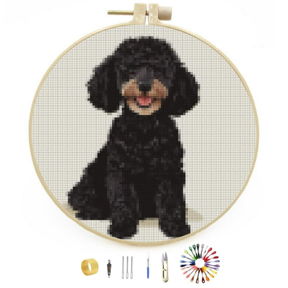 DIY Stamped Cross Stitch Kits Poodle Dog Easy for Beginners with Hoop 11CT Counted Embroidery Needlepoint Crafts Arts for Handmade Enthusiasts and Home Decor 30x30cm(1)