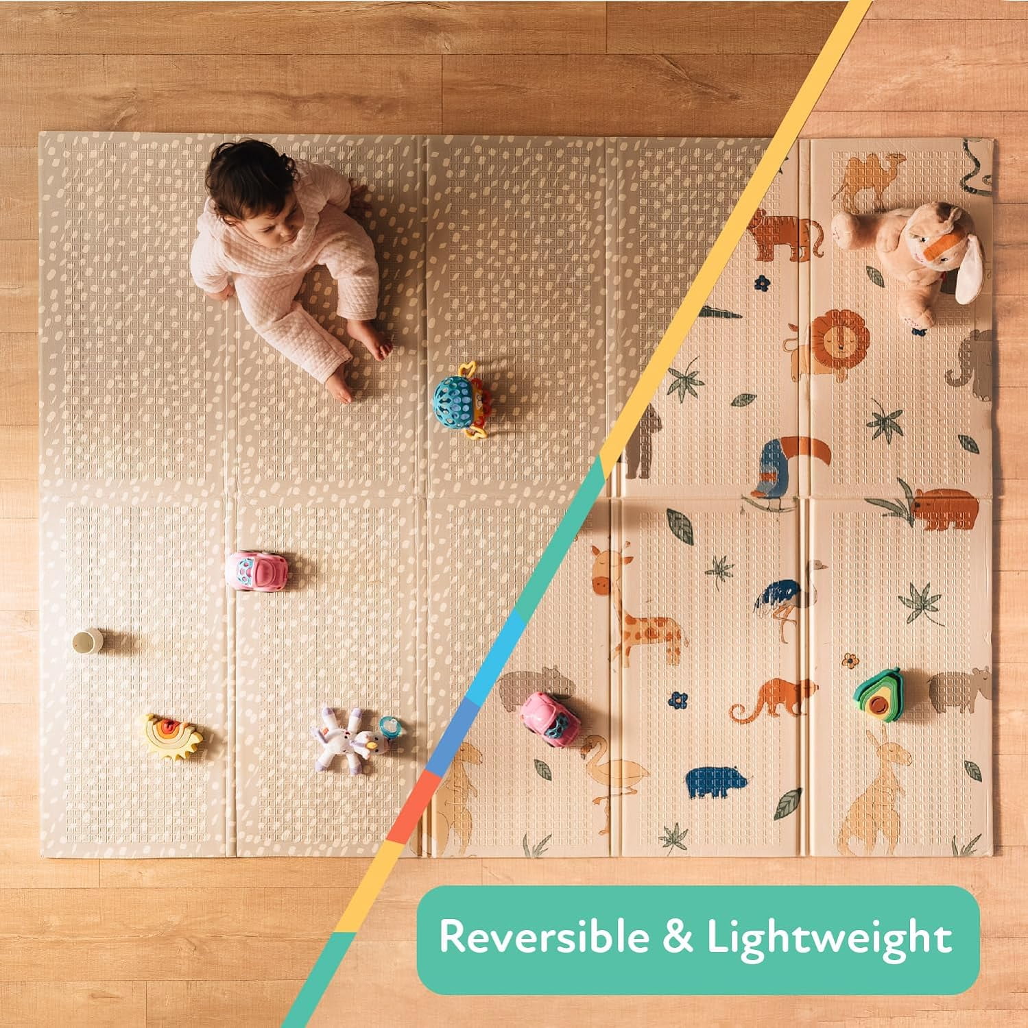 Nuby Reversible and Foldable Baby Playmat for Floor for Infants, Safari
