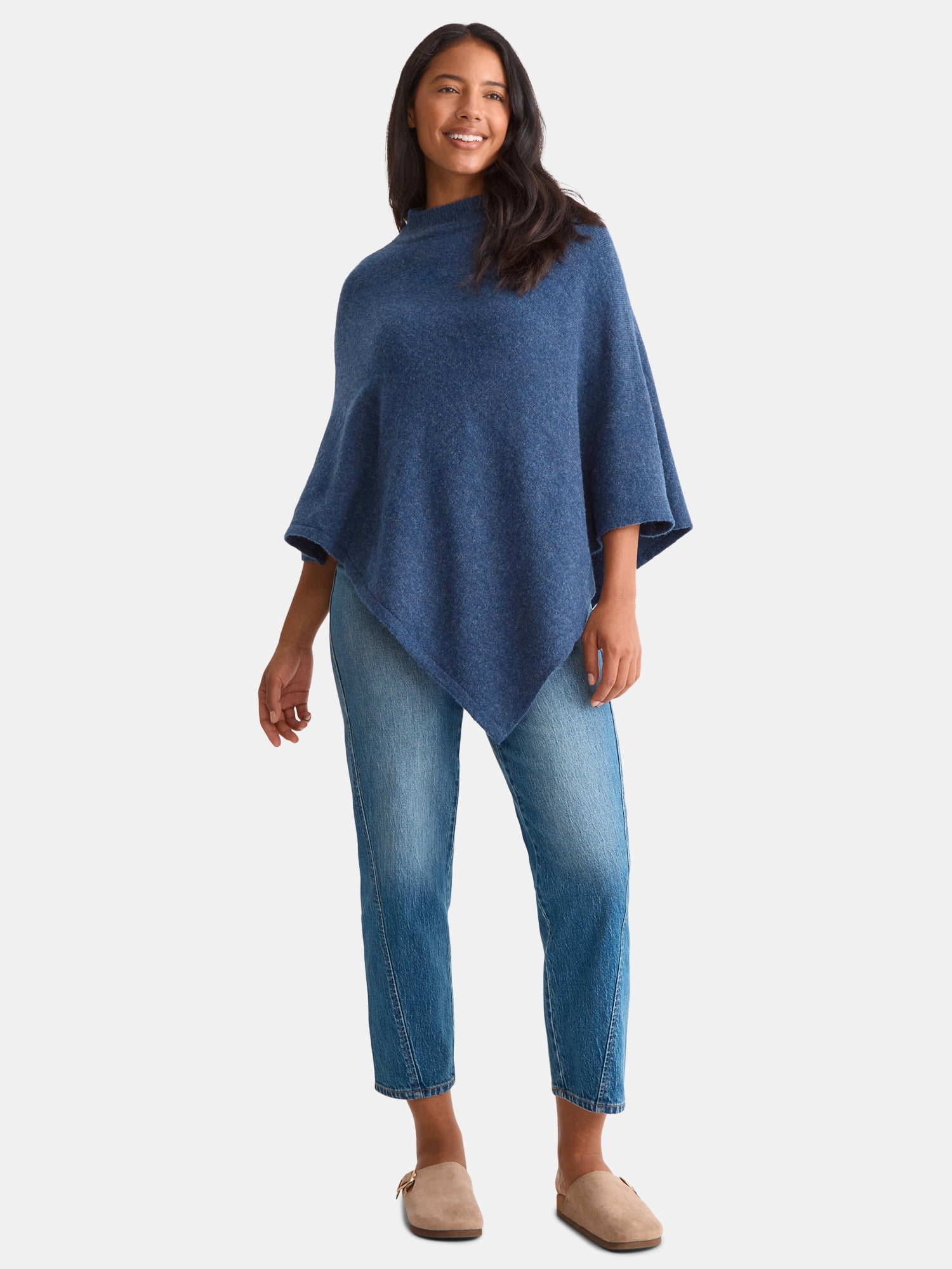 Time and Tru Women's Mock Neck Poncho, L/XL, Blue
