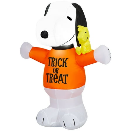 Gemmy Airblown Inflatable Snoopy in Trick or Treat Shirt w/ Woodstock Peanuts, 3 ft Tall, Multicolored