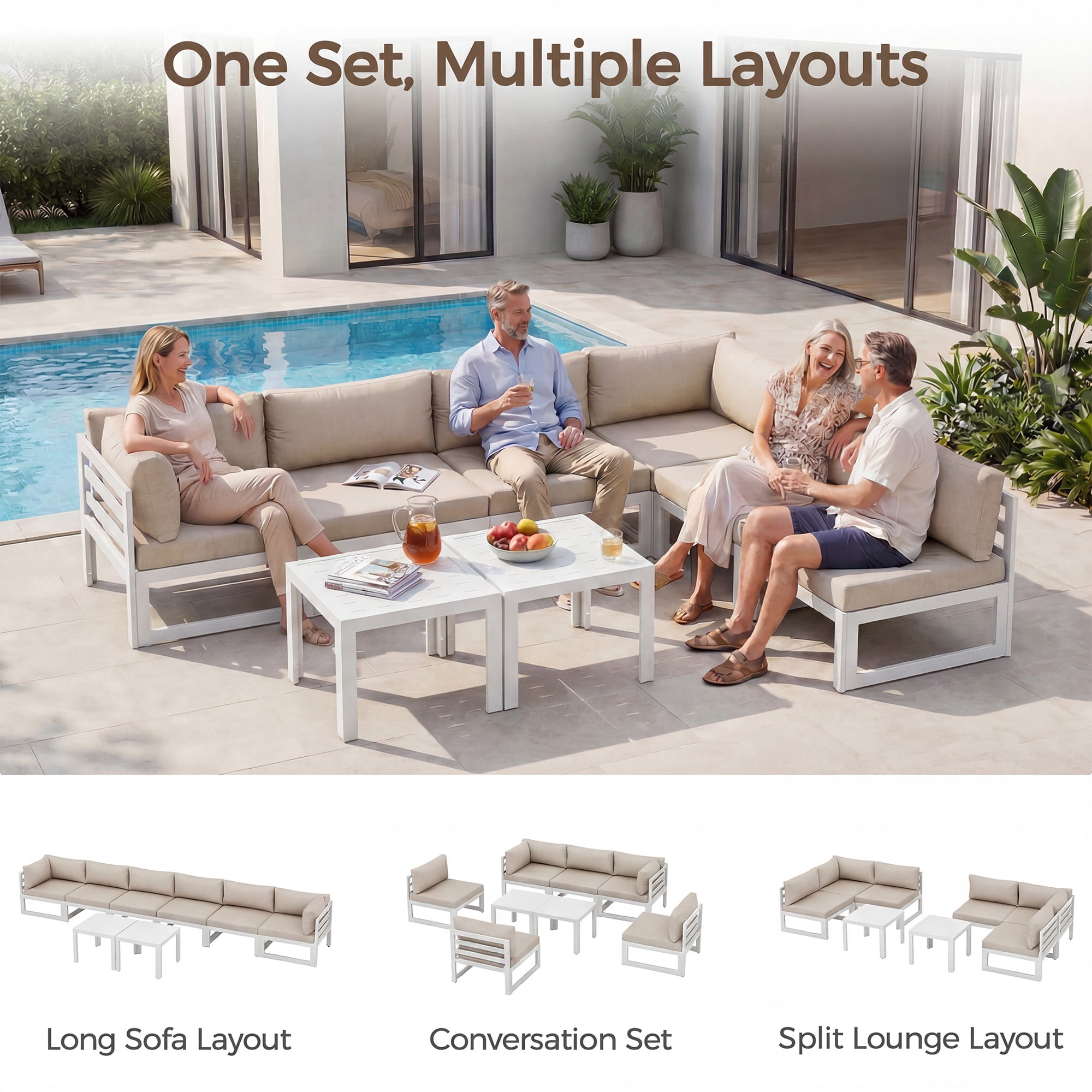 RADIATA Patio Aluminum Furniture Set with Oversized 29" Seats&Coffee Table, 8 Pieces Large Outdoor Modern Sectional Conversation Sofa Set with 4" Cushions for Backyard, Poolside, White&Beige