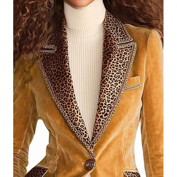 Women'S Long Sleeve Lapel V Neck Button Leopard Printed Velvet Coats Blazer Jackets Yellow XL