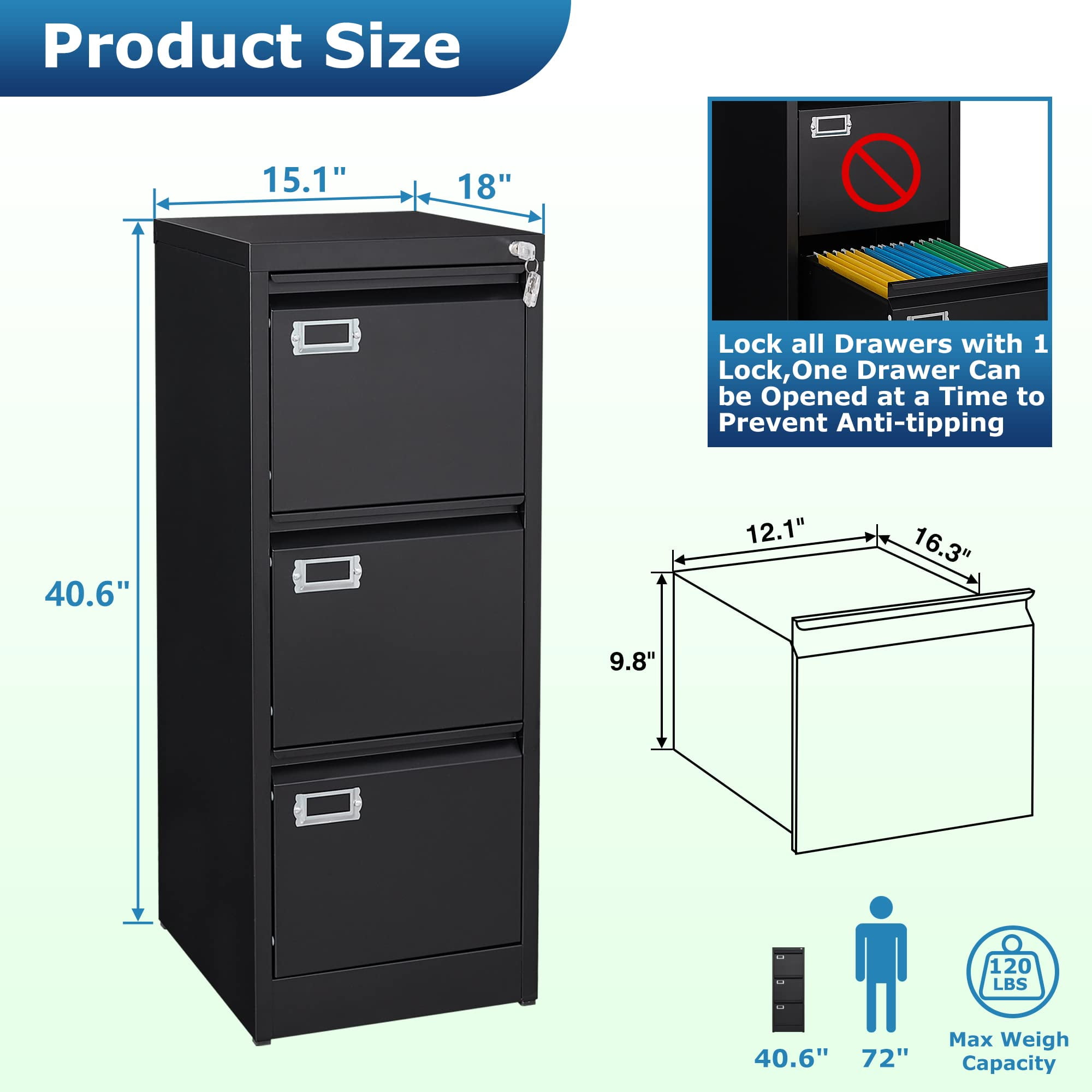 Fesbos 3 Drawer File Cabinet with Lock, File Cabinets for Home Office,18" Deep Vertical Metal Black File Cabinet Office Storage Cabinet Organizer for Letter/Legal / A4