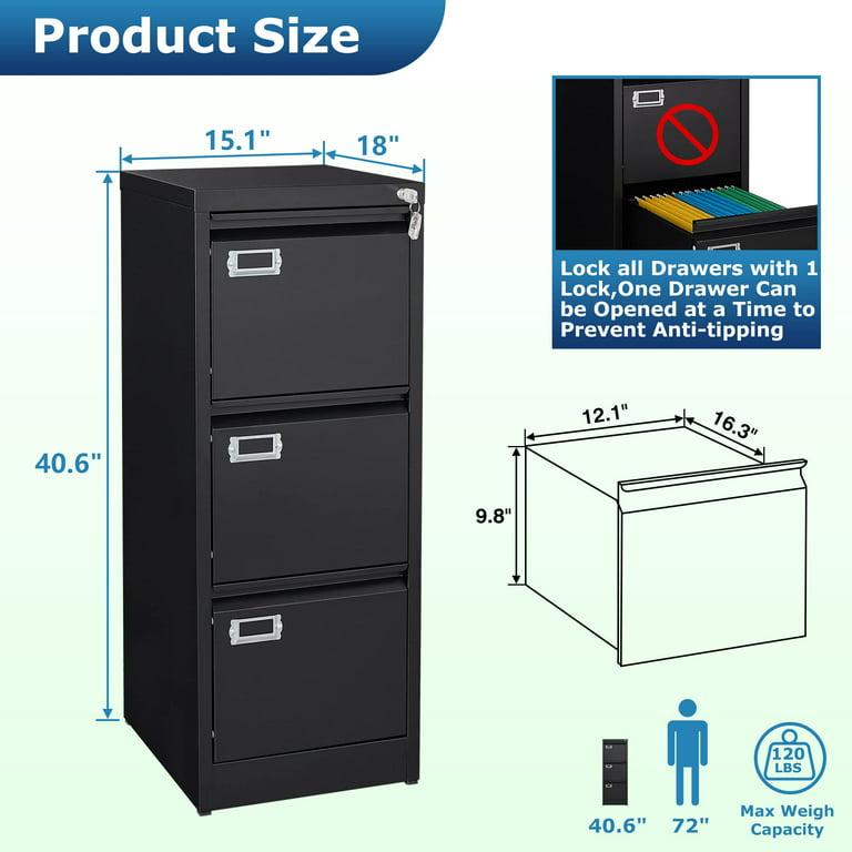 Fesbos 3 Drawer File Cabinet With Lock