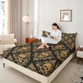 thumbnail image 3 of Homewish Black Gold Sugar Skull Bed Sheets,Vintage Damask Full Size Sheets,Halloween Bed Set,4 Pieces,1 Flat Sheet, 1 Fitted Sheet and 2 Pillowcases, 3 of 6