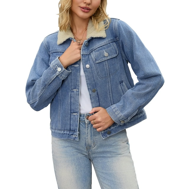 Chaquetas de mezclilla para mujeres con cuello de piel sintética, forradas de lana, chaqueta de camionero de mezclilla gruesa de invierno L azul