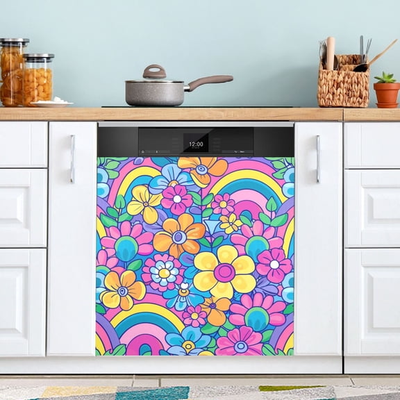 Groovy Rainbow and Flowers Dishwasher Magnet Cover Magnetic Fridge Door Cover Home Kitchen Decor 23"x 26"