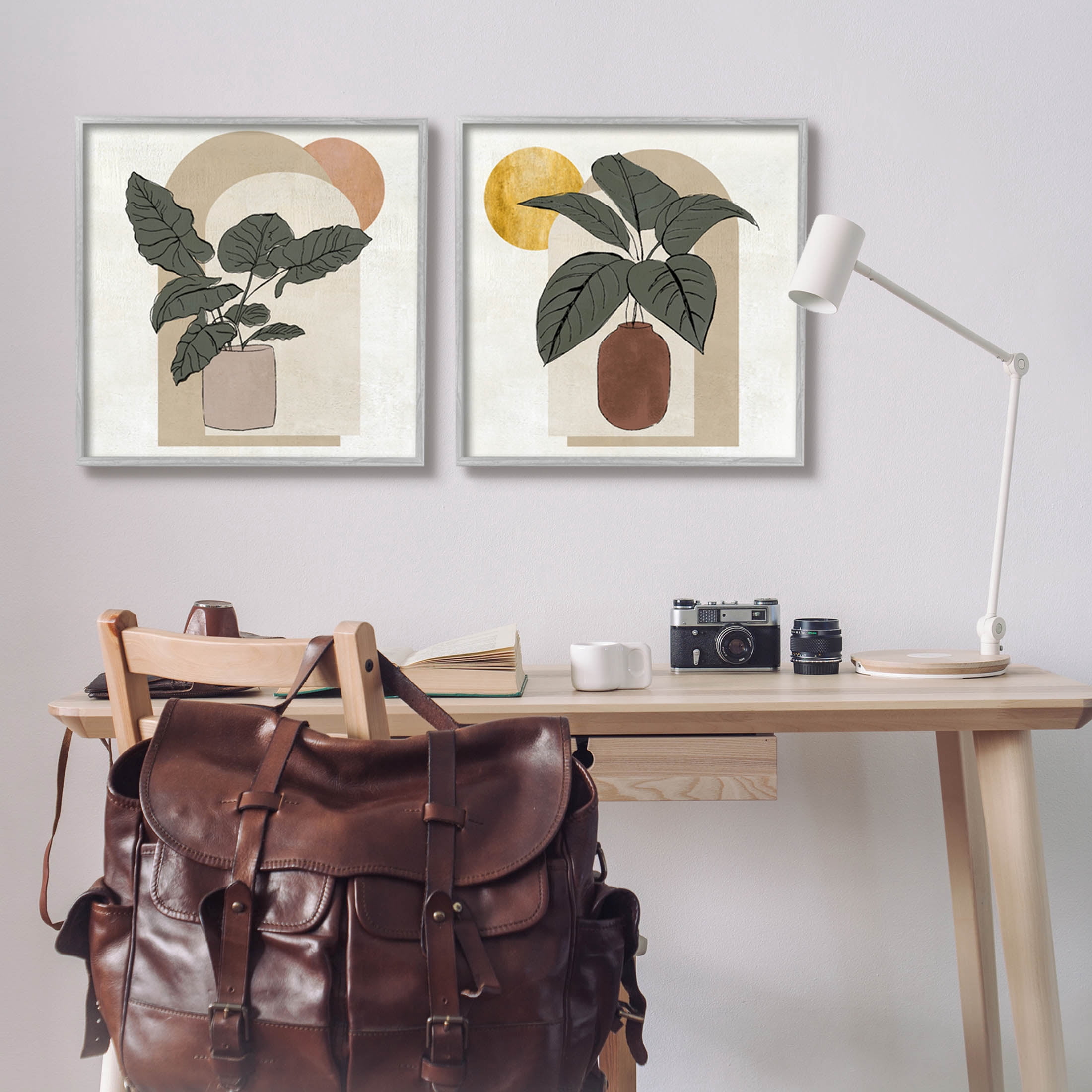 Potted Plant Leaves Geometric Shapes Botanical & Floral Graphic Art Gray Framed Art Print Wall Art, Set of 2