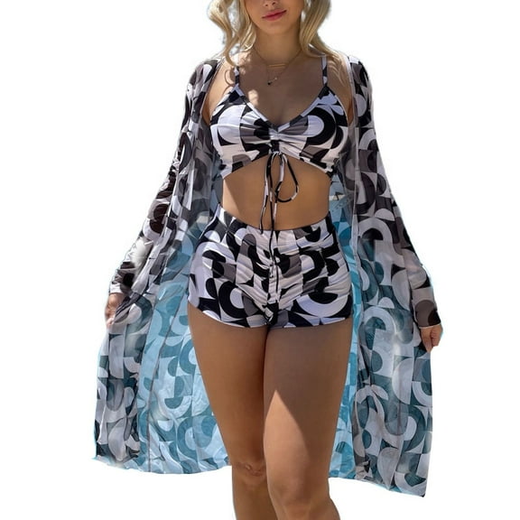 Lu's Chic Women's Full Coverage 3 Piece Bikini Sexy Bathing Suit Beach Open Front Cover Up Printed Summer Soft Boyleg Swimsuit Black 4-6