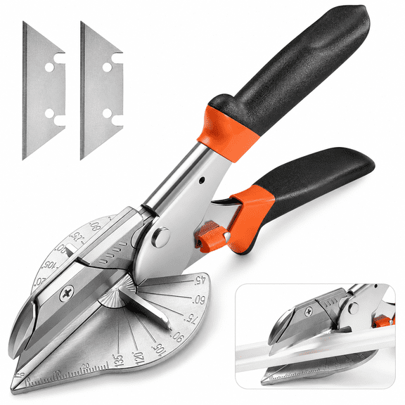 Miter Shears Adjustable 45 to 135 Degree Sharp Trunking Shears Ergonomic Multi Angle Miter Scissors with 2 Replacement Blades for Cutting Wood Plastic PVC