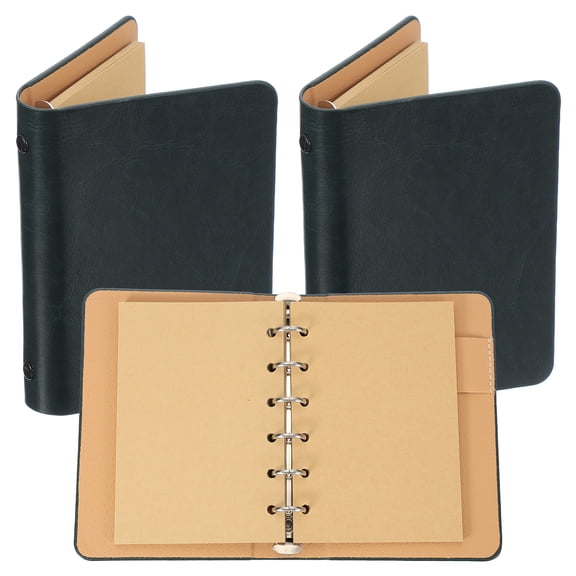 Uxcell 6 Ring Binder Cover, 2 Pack A7 kraft Leather Notebook Binder Mini Refillable Loose Leaf Personal Planner with 50 Sheets Paper, Dark Green