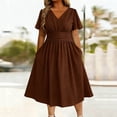 thumbnail image 4 of PBFRDSJ Bridesmaid Dresses for Wedding Elegant V Neck Flowy A Line Dress Womens Midi Length Pleated Puff Sleeve Modest Long Sundress, 4 of 5