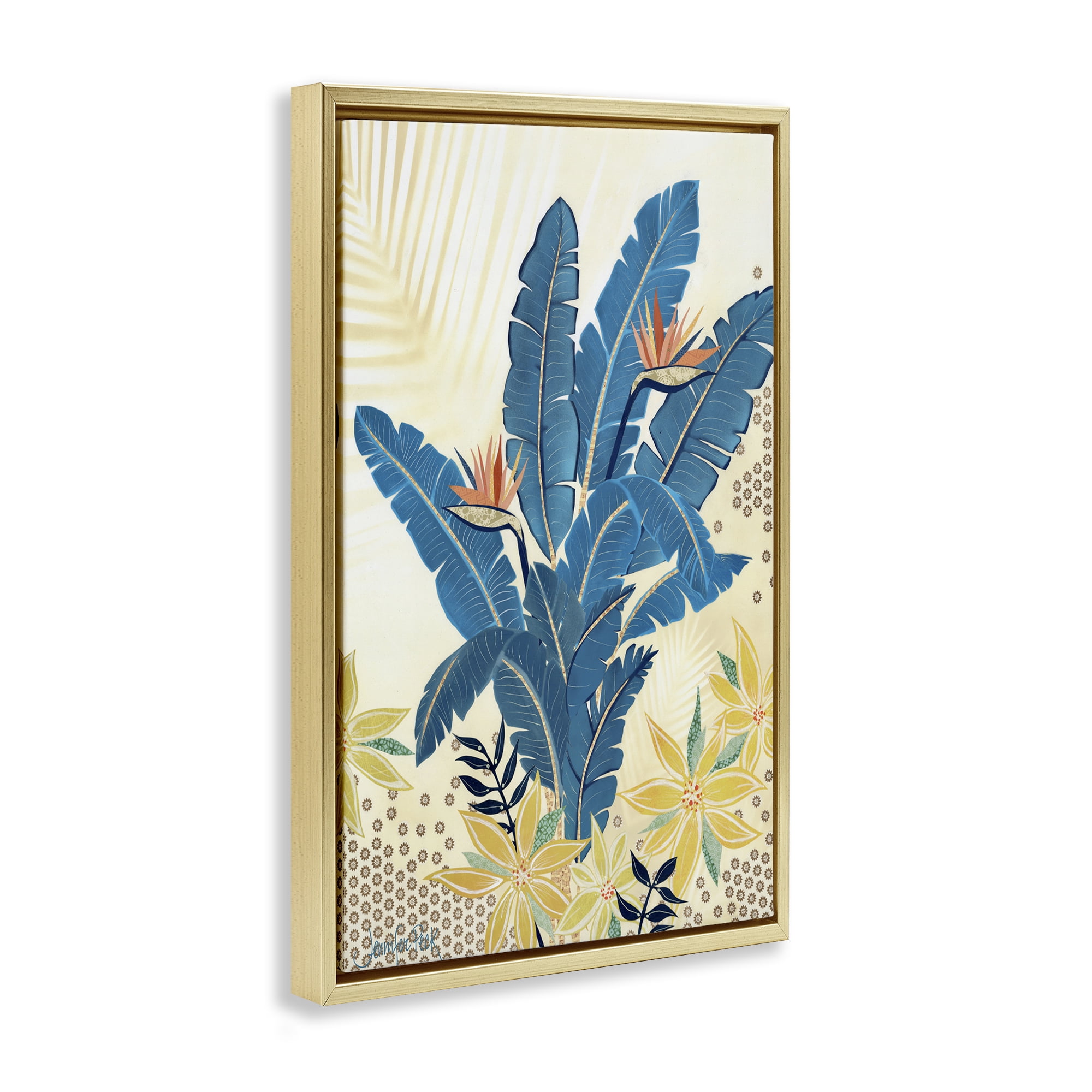 Stupell Industries Blue Birds Of Paradise Botanical & Floral Painting Gold Floater Framed Art Print Wall Art, 17 x 25