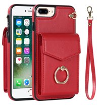 Feishell for iPhone 8 Plus / iPhone 7 Plus Wallet Case, RFID Blocking Card Slots Magnetic Button Case Glossy PU Leather Finger Ring Holder Kickstand Wrist Strap Handbag Cover,Red