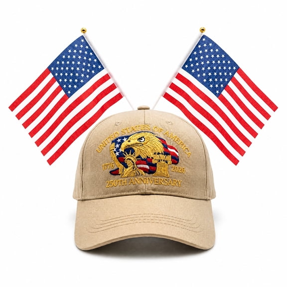 250th Anniversary USA Hat 1776-2026 2 Flags Set, 3D Embroidered Bald Eagle Khaki Baseball Cap, Veterans Day Patriotic Gift