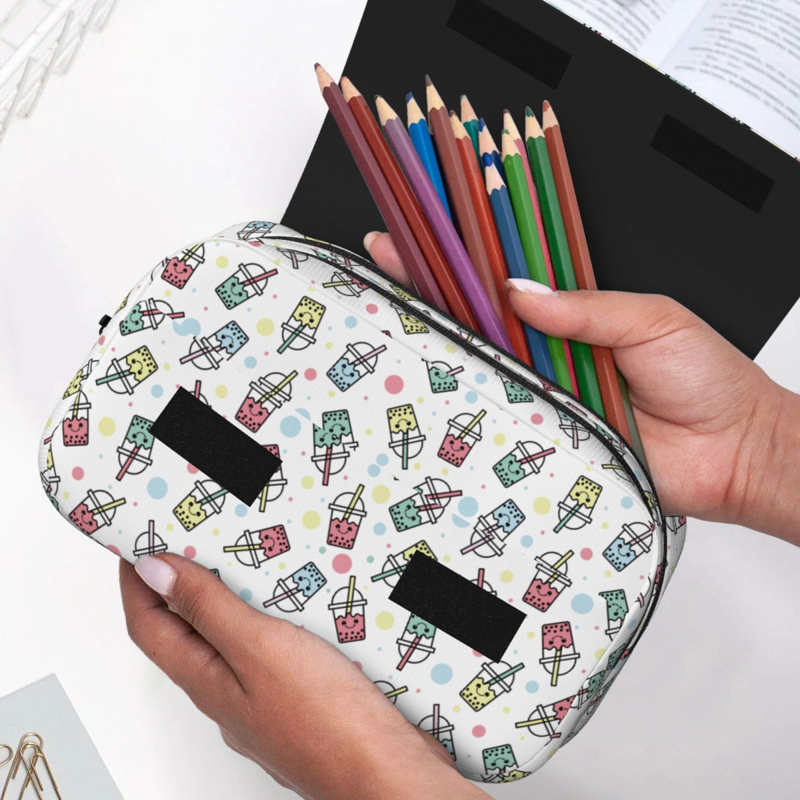 Rateoe Milk Tea2 Pattern Double Clamshell Pen Case, Storage Organizer with Two Zipper Compartments– Holds Up to 50 Pencils & Pens
