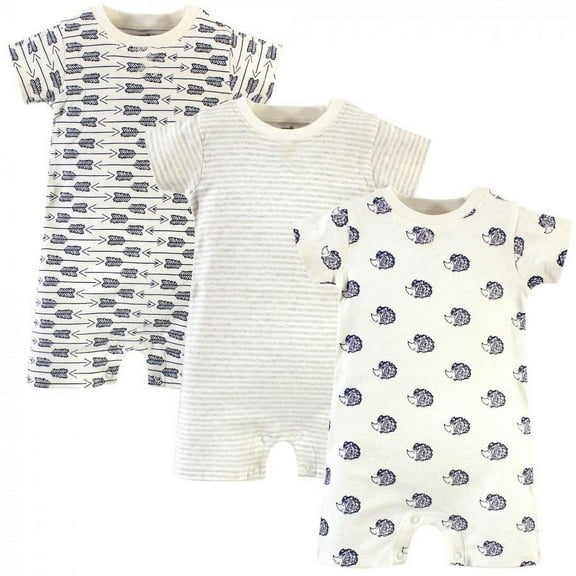 Touched by Nature Baby Boy Organic Cotton Rompers 3pk, Hedgehog, 0-3 Months
