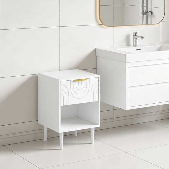 White Kids Bedside Table with Gold Handle Drawer, Modern Wood Leg Nightstand, Compact End Table for Boys Girls Small Bedroom Spaces