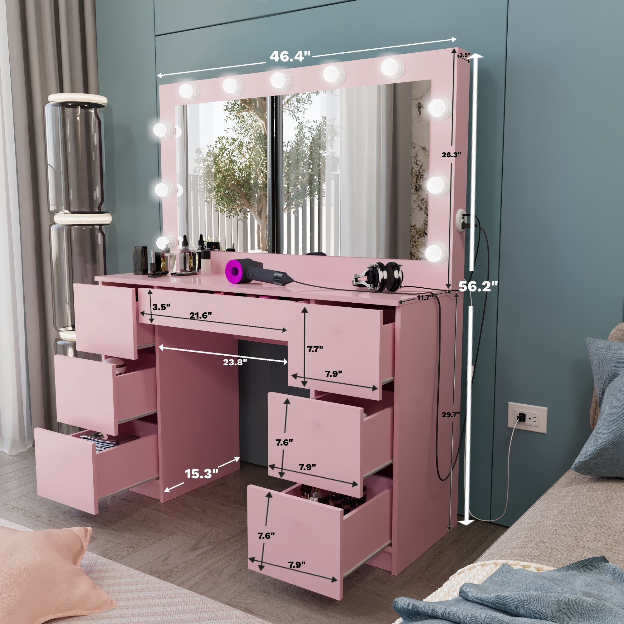 Ember Interiors Tammy Modern Large Pink Makeup Vanity Desk with Built-in Lights, Power Outlet with USB Type-C, 7 Drawers and Crystal Knobs