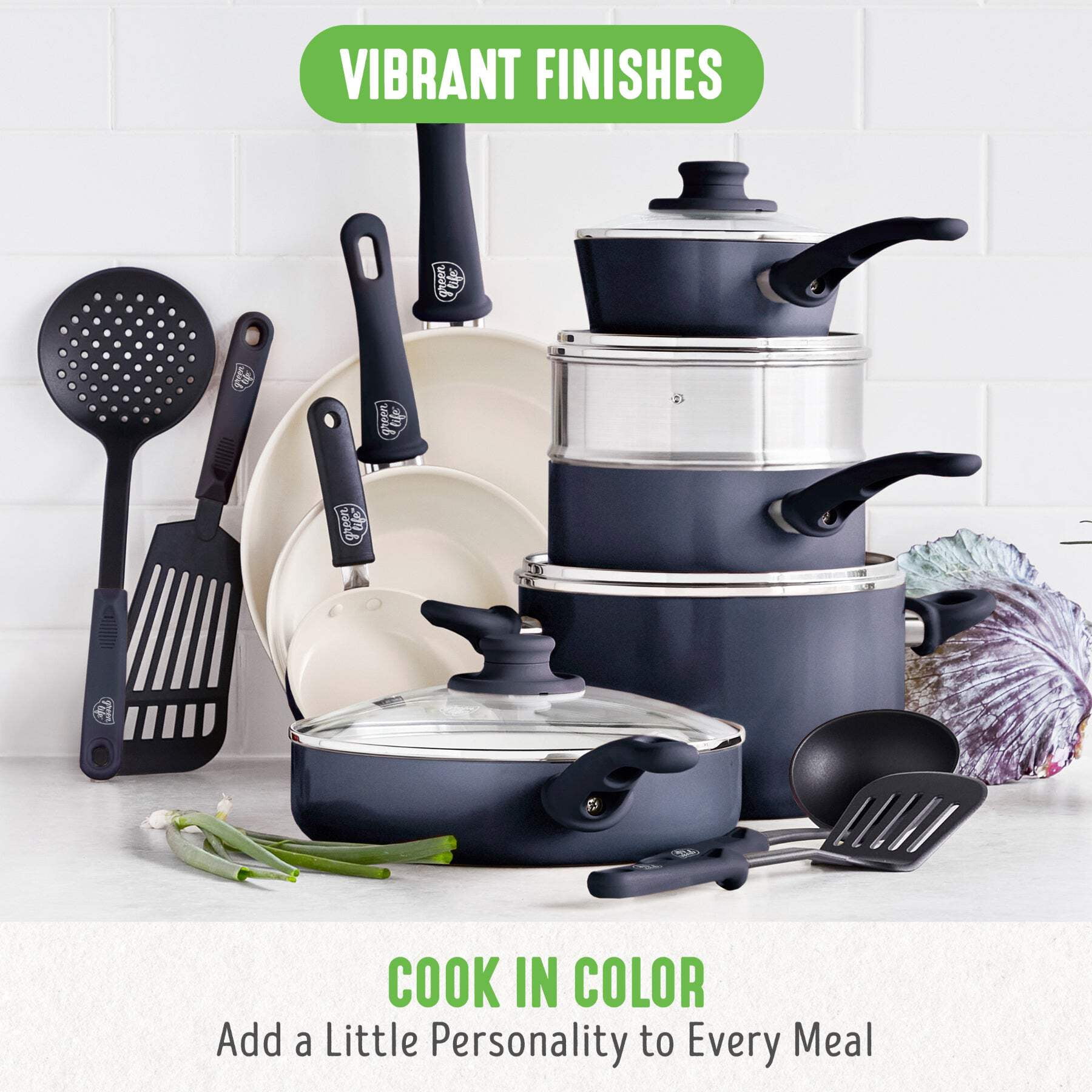GreenLife 16 Piece Nonstick Cookware Set, Soft Grip Non-Toxic, Dishwasher Safe, Black & Cream