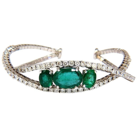 11.75CT NATURAL BRIGHT EMERALDS DIAMONDS CROSSOVER BANGLE BRACELET 14KT