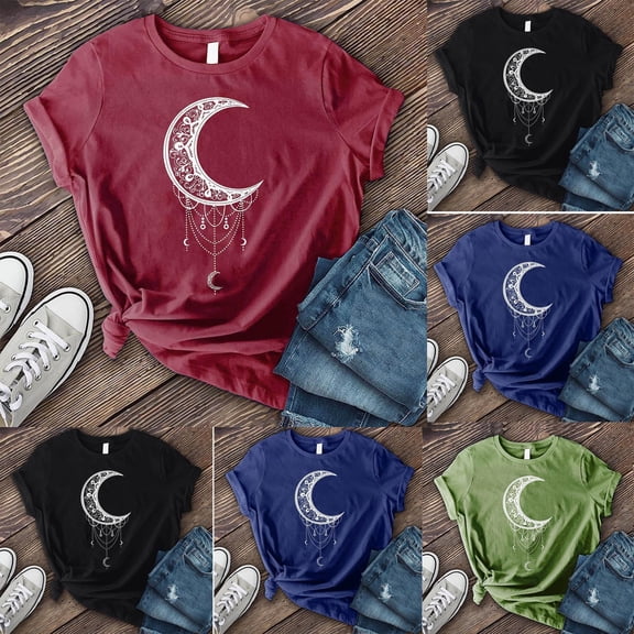 Womens Graphic T Shirts Moon Printed Crew Neck Short Sleeve Tee Casua Summer Top Black L