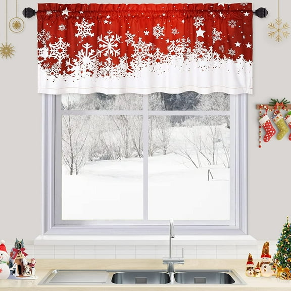 Christmas Print Valance, Rod Pocket Red Velvet Floral Snowflake Short Curtain