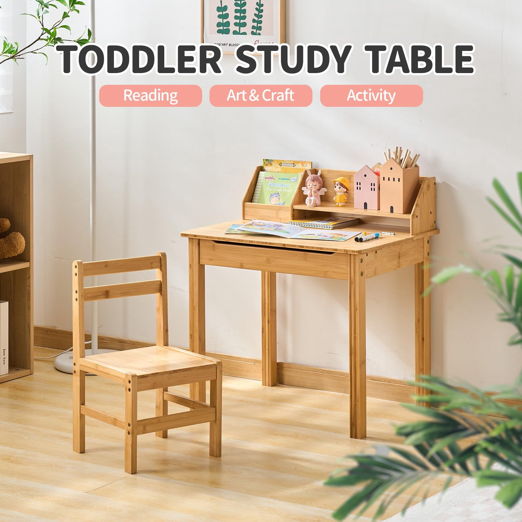 UNICOO® Bamboo Kids Desk and Chair Set, Lift-Top Desk & Chair Set for 3-8 Years Old, Children Writing Desk with Storage and Hutch for Home School Use (C007 - Nature)