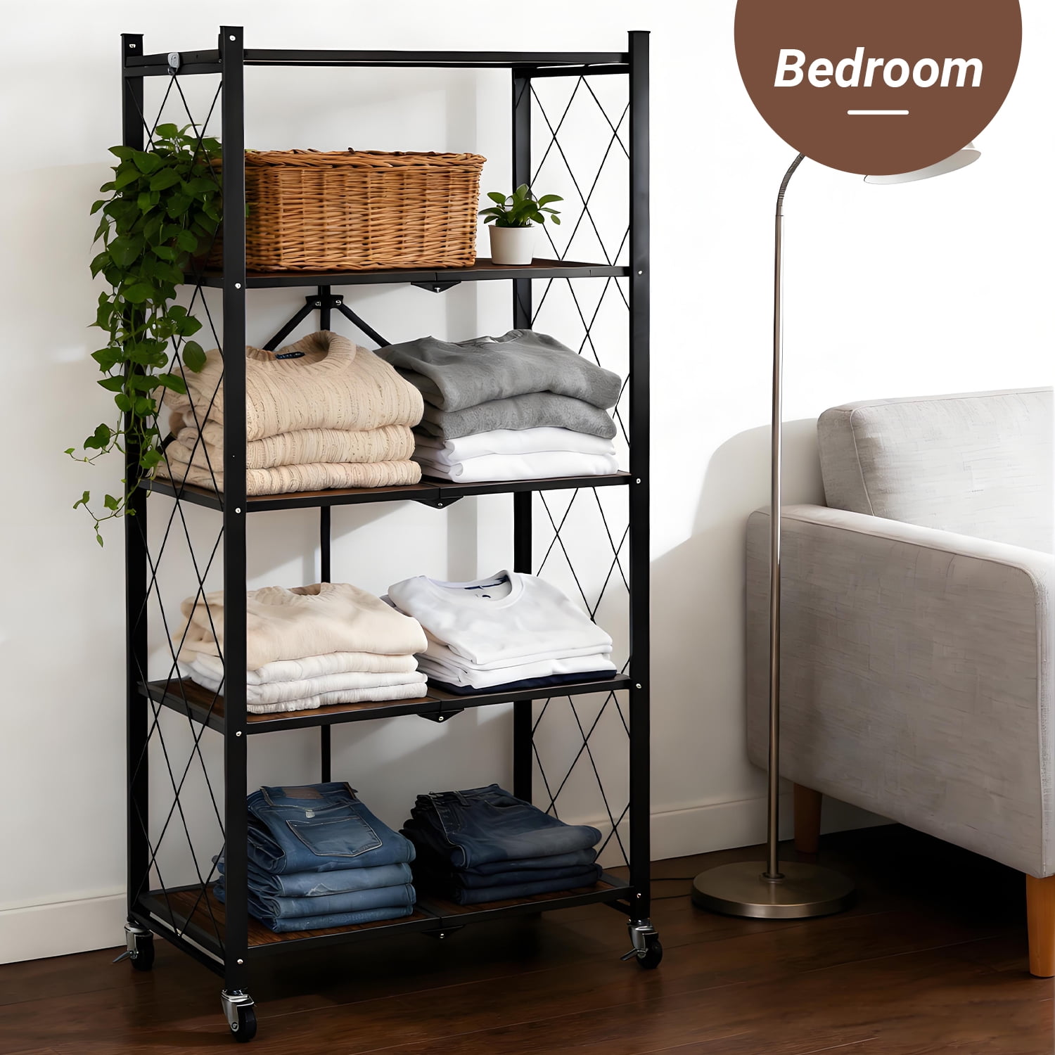 COOKCOK 5-Tier Storage Shelving Unit, Folding Bookshelf, Metal Shelf 27.9"x13.4"x62.5, Foldable Storage Shelf with Wheels, Garage Shelf, Kitchen Shelf, No Assemble Require, Black