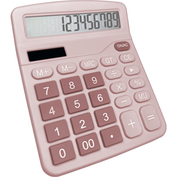 Crrynuo - Calculadora de escritorio (rosa) - Pantalla LCD grande de 12 dígitos - Alimentación dual (celda solar + pilas AA) - Teclas grandes - Apagado automático