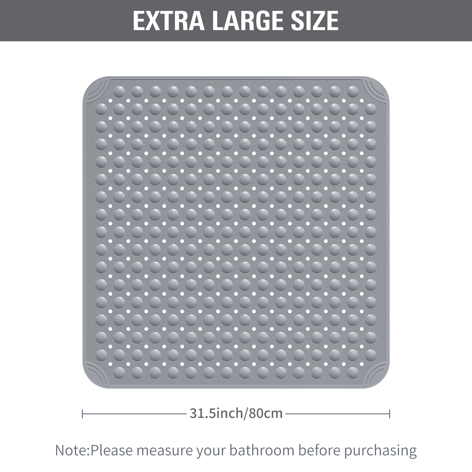 Yolife Shower Mat 31.5"x31.5" - TPE Non-Slip Bath Mat/Suction Cups & Drain Holes, Heavy Duty for Shower Stall, Odor-Free,Dark Grey