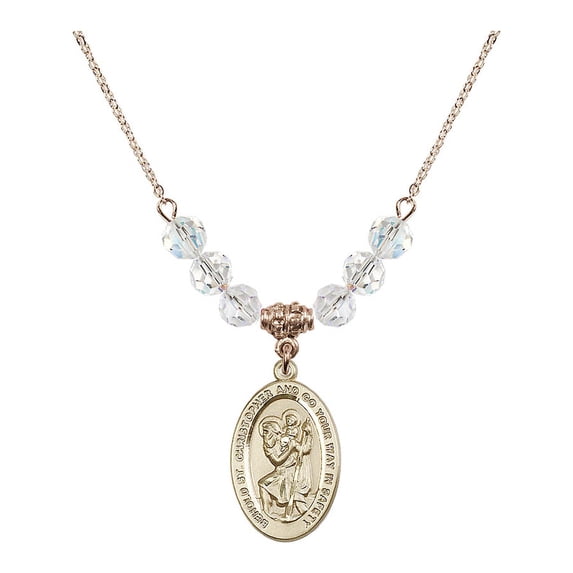 18-Inch Hamilton Gold Plated Necklace with 6mm White April Birth Month Stone Beads and Saint Christopher Charm
