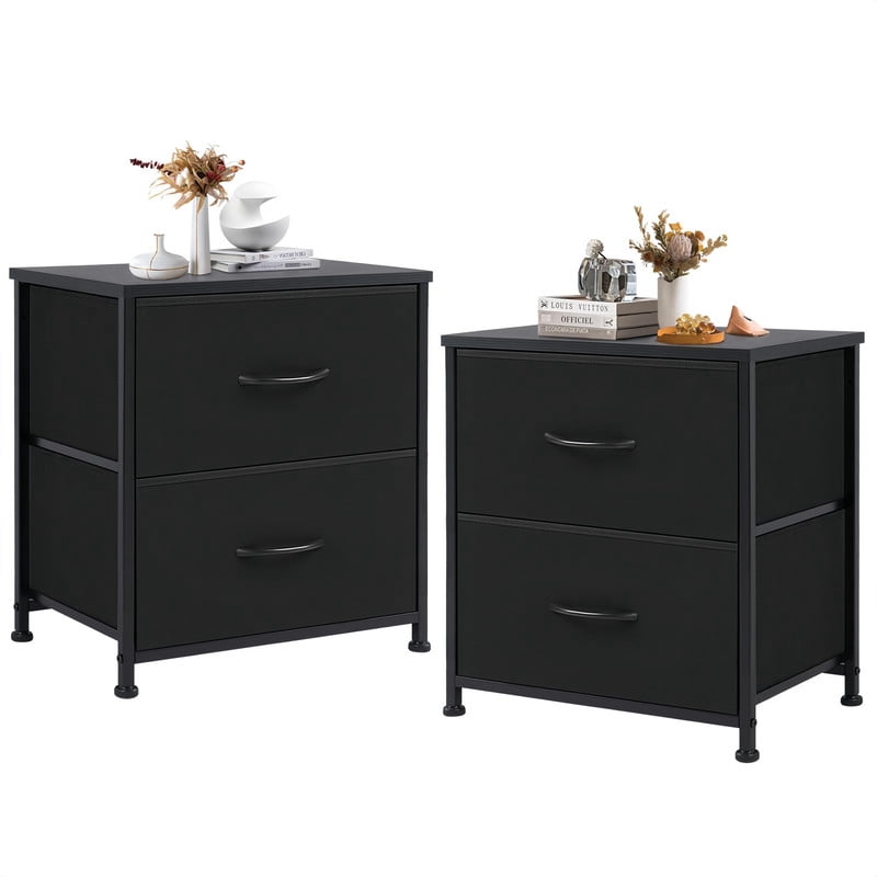 Kelno 2PCS Nightstand 2-Drawer Fabric Storage Dresser Small Bedside Table Wood Top, Black