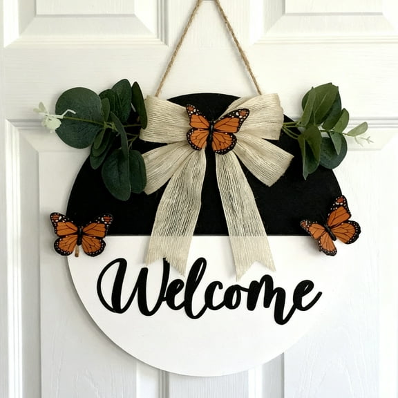Foldable 12" Round Welcome Sign for Front Door, 3D Lettering, Vivid Butterflies, Burlap Bows and Greenery, Indoor Outdoor Hanging Wall Decor, Farmhouse Porch Wreath Decoration